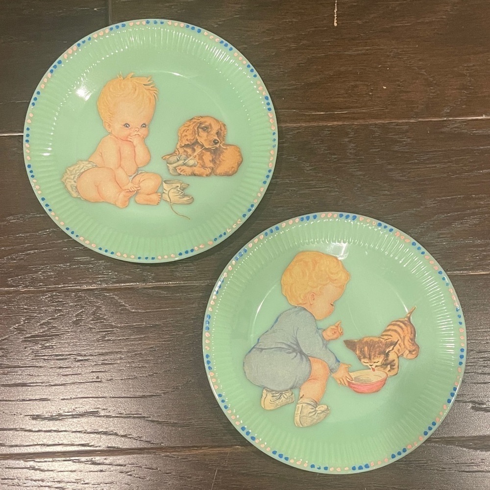 Fire King Mint Plates with Baby and Puppy/Kitten Illustrations